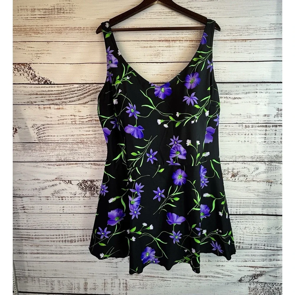 Blair Plus Size Swimsuit Black Floral Plus Size 26W Skirt One Piece Tummy Panel